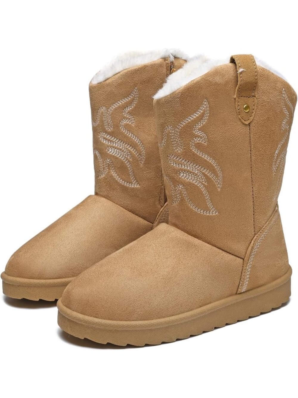 Women's Camel Mid Calf Cowgirl Boots with Embroidery Stitched Flat Fashion Boots